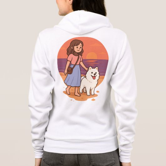 Cute Dog Mom Walking Fluffy Pup on Sunset Beach  Hoodie (Achterkant)