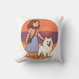 Cute Dog Mom Walking Fluffy Pup on Sunset Beach  Kussen