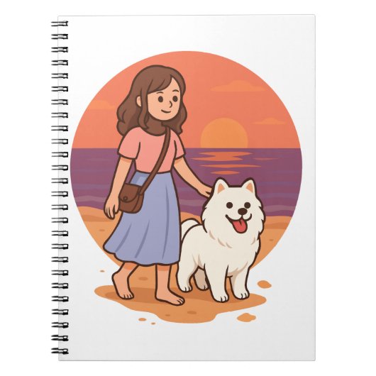 Cute Dog Mom Walking Fluffy Pup on Sunset Beach  Notitieboek (Voorkant)