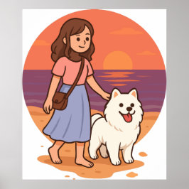 Cute Dog Mom Walking Fluffy Pup on Sunset Beach  Poster