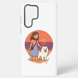 Cute Dog Mom Walking Fluffy Pup on Sunset Beach  Samsung Galaxy Hoesje