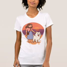 Cute Dog Mom Walking Fluffy Pup on Sunset Beach  T-shirt