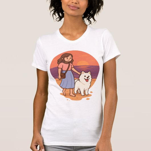 Cute Dog Mom Walking Fluffy Pup on Sunset Beach  T-shirt (Voorkant)