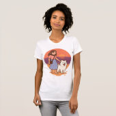 Cute Dog Mom Walking Fluffy Pup on Sunset Beach  T-shirt (Voorkant volledig)