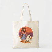 Cute Dog Mom Walking Fluffy Pup on Sunset Beach  Tote Bag (Voorkant)