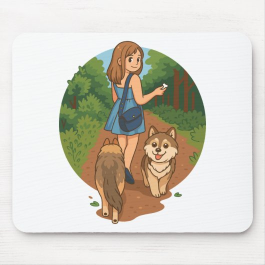 Cute Dog Mom Walking Puppies Forest Trail Illustra Muismat (Voorkant)