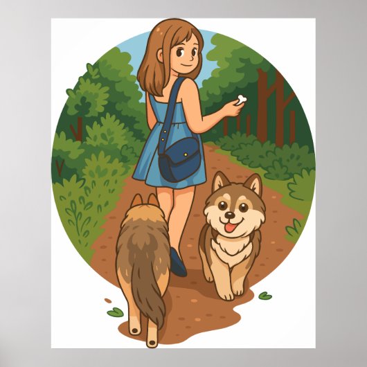 Cute Dog Mom Walking Puppies Forest Trail Illustra Poster (Voorkant)