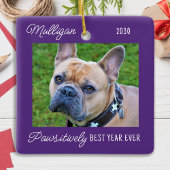 Cute Dog Paars Quarantine-kerstfoto Keramisch Ornament