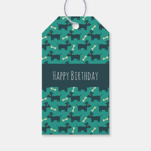 Cute Dog Pattern met Bone Happy Birthday Cadeaulabel (Voorkant)