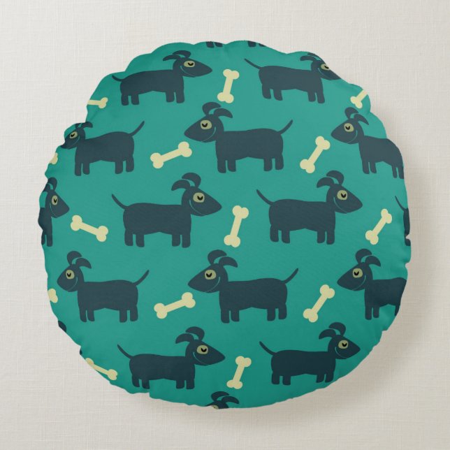 Cute Dog Pattern met Bone on Green Background Rond Kussen (Voorkant)