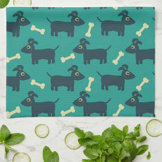 Cute Dog Pattern met Bone on Green Background Theedoek (Gevouwen)