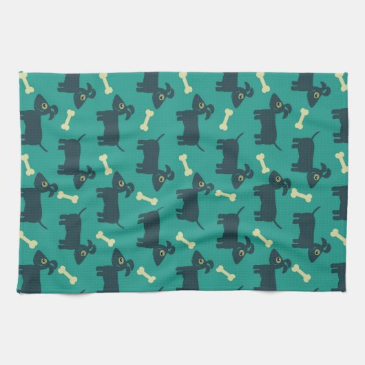 Cute Dog Pattern met Bone on Green Background Theedoek (Horizontaal)