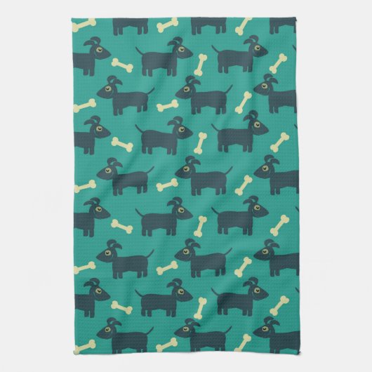 Cute Dog Pattern met Bone on Green Background Theedoek (Verticaal)