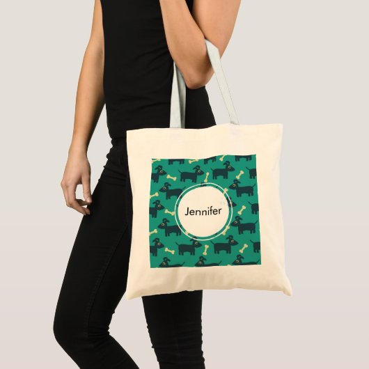 Cute Dog Pattern met Bone on Green Background Tote Bag (Voorkant (product))