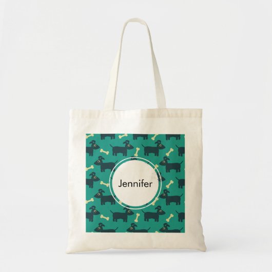 Cute Dog Pattern met Bone on Green Background Tote Bag (Voorkant)