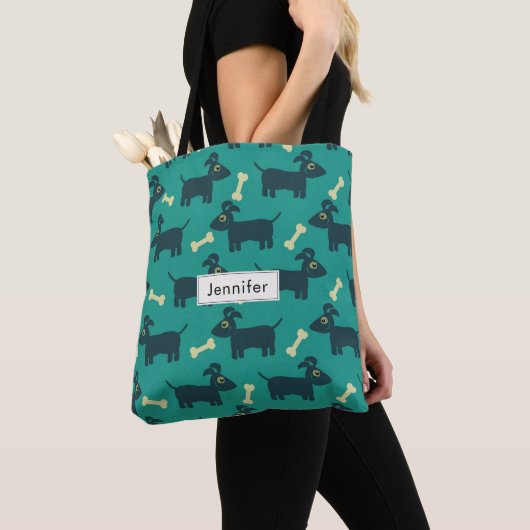Cute Dog Pattern met Bone on Green Background Tote Bag (Dichtbij)