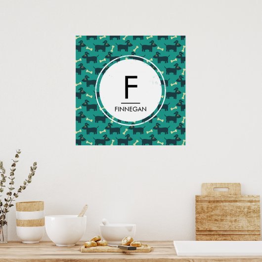 Cute Dog Pattern met diskettestoren en beenmonogra Poster (Keuken)
