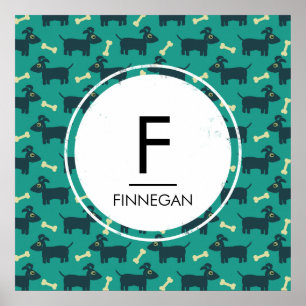 Cute Dog Pattern met diskettestoren en beenmonogra Poster