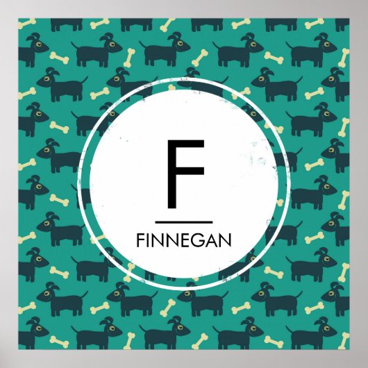 Cute Dog Pattern met diskettestoren en beenmonogra Poster (Voorkant)