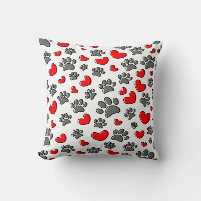 Cute Dog Paw en Red Hearts Pattern Kussen (Voorkant)