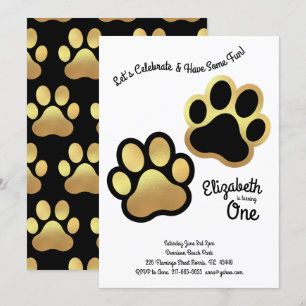 Cute Dog Paw Print Kinder 1e verjaardag Gold Black Kaart