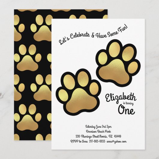 Cute Dog Paw Print Kinder 1e verjaardag Gold Black Kaart (Voorkant / Achterkant)
