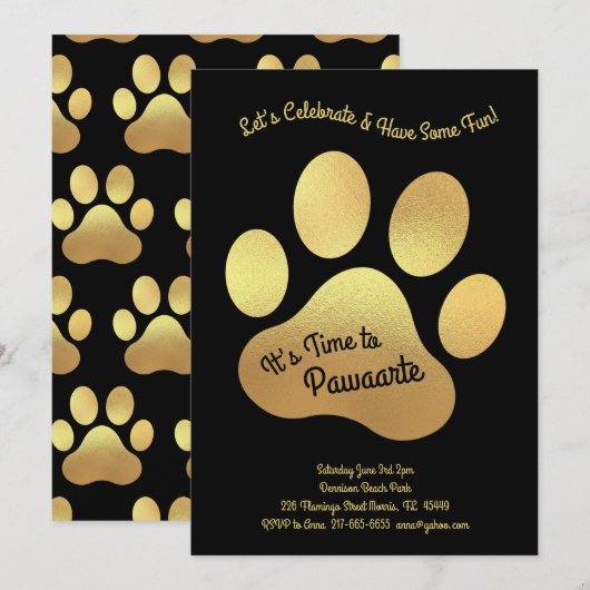Cute Dog Paw Print Kinder 1e verjaardag Gold Black Kaart (Voorkant / Achterkant)