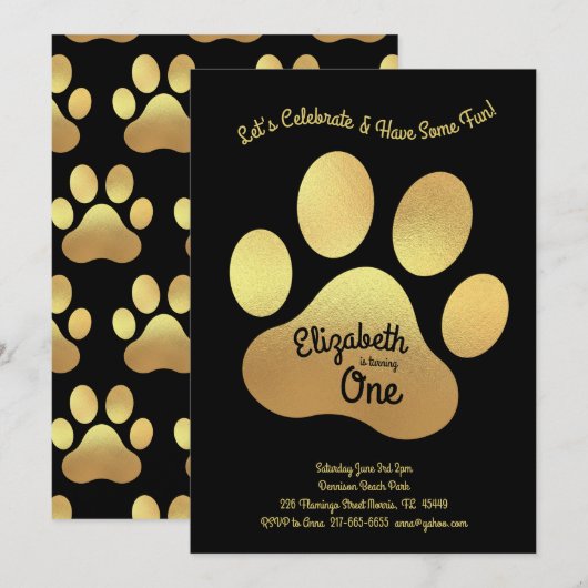 Cute Dog Paw Print Kinder 1e verjaardag Gold Black Kaart (Voorkant / Achterkant)