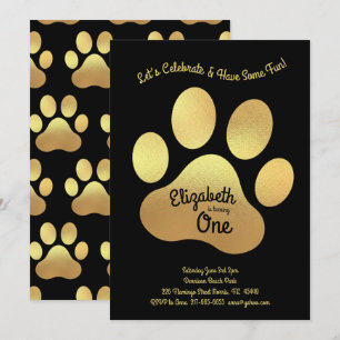 Cute Dog Paw Print Kinder 1e verjaardag Gold Black Kaart