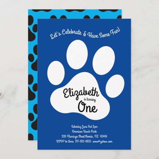 Cute Dog Paw Print Kinder 1st Birthday Party Kaart (Voorkant / Achterkant)