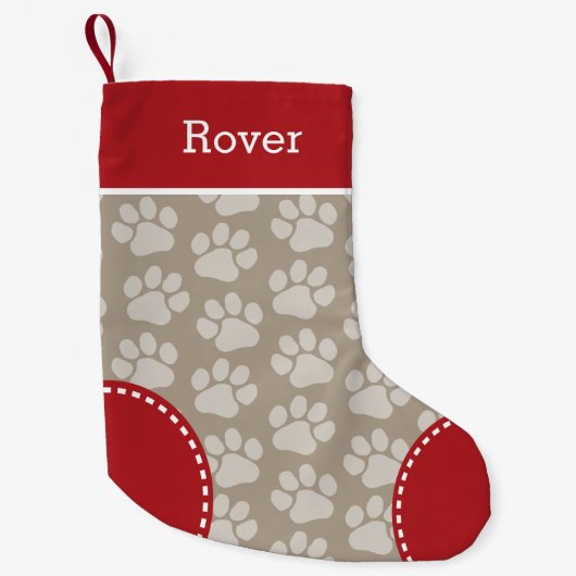 Cute Dog Paw Print Pattern Custom Pet Name Kleine Kerstsok (Voorkant)