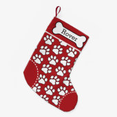 Cute Dog Paw Print Pattern Custom Pet Name Kleine Kerstsok (Voorkant (Hangend))