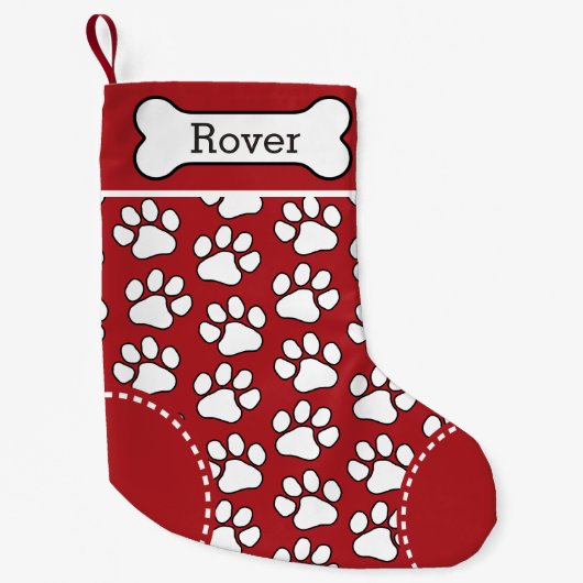 Cute Dog Paw Print Pattern Custom Pet Name Kleine Kerstsok (Voorkant)
