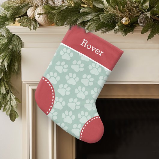 Cute Dog Paw Print Pattern Custom Pet Name Kleine Kerstsok