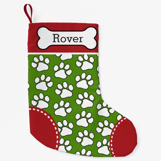 Cute Dog Paw Print Pattern Custom Pet Name Kleine Kerstsok (Voorkant)