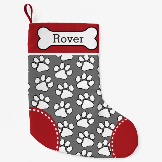 Cute Dog Paw Print Pattern Custom Pet Name Kleine Kerstsok (Voorkant)