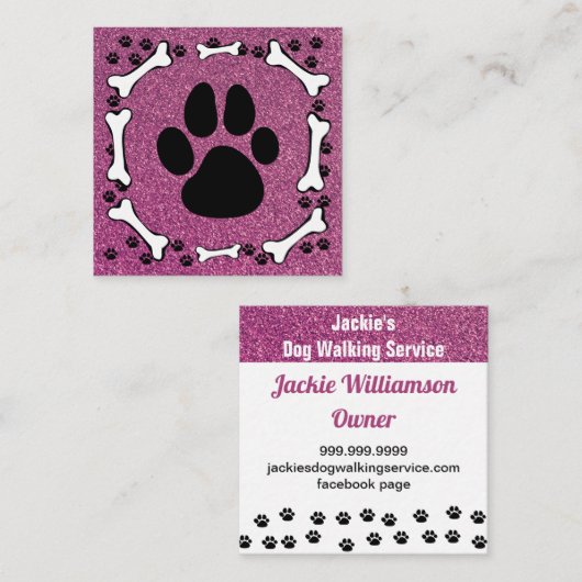 Cute Dog Paws Botten Roze Glitter Pet Service Vierkante Visitekaartje (Voorkant / Achterkant)