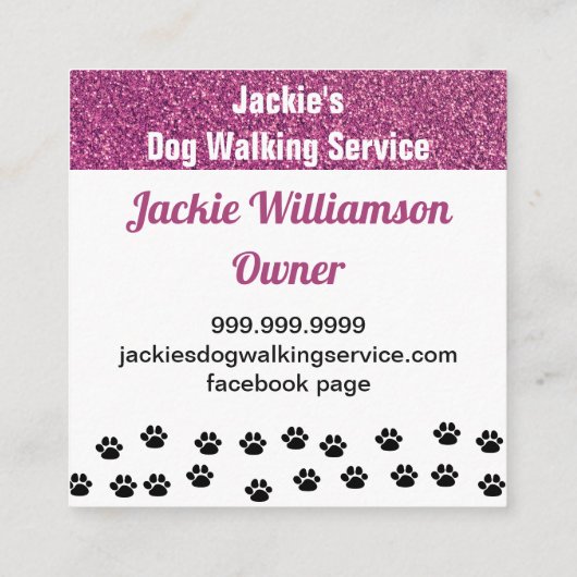 Cute Dog Paws Botten Roze Glitter Pet Service Vierkante Visitekaartje (Achterkant)