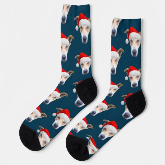 Cute Dog Pet Photo Navy Blue Red Kerstmis Sokken (Links)