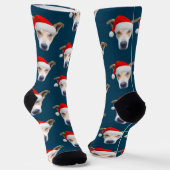 Cute Dog Pet Photo Navy Blue Red Kerstmis Sokken (Gebogen)