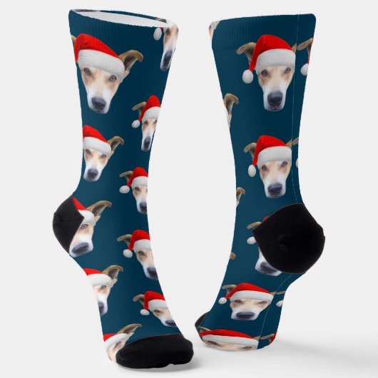 Cute Dog Pet Photo Navy Blue Red Kerstmis Sokken (Gebogen)