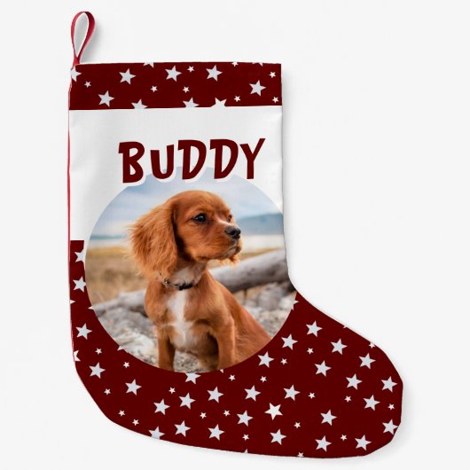 Cute Dog Pet Photo Red Star Patroon Kleine Kerstsok (Voorkant)