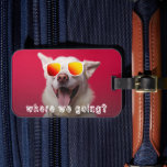 Cute Dog Photo Bagagelabel<br><div class="desc">"Where we going?" text over a cute dog photo (can be changed to your dog) on a fun luggage tag with a slot for a business card on the back.</div>