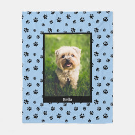 Cute Dog Photo Name Black Paw Printerpatroon Blue Fleece Deken