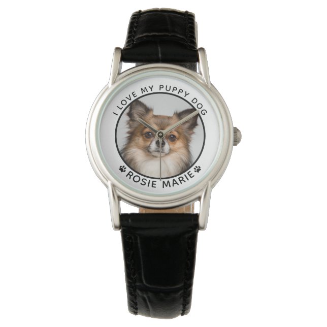 Cute Dog Photo Name Paw Prints Personated Horloge (Voorkant)