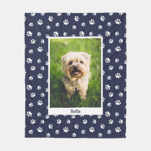 Cute Dog Photo Name White Paw Prins Navy Blue Fleece Deken