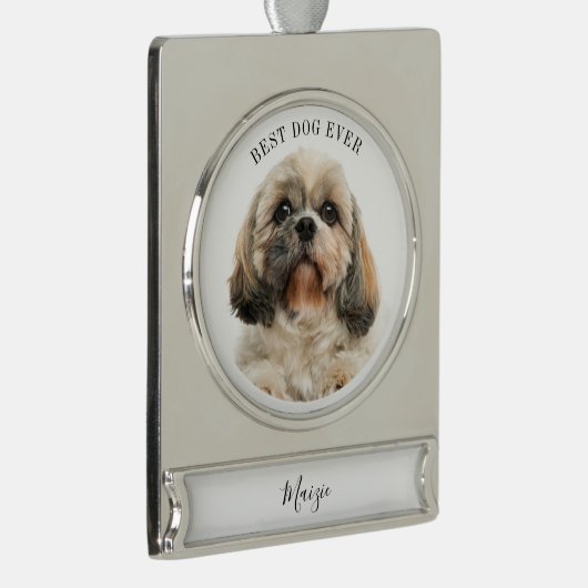 Cute Dog Photo Personalized Pet Holiday Verzilverd Banner Ornament (Rechts)