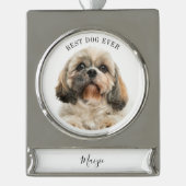 Cute Dog Photo Personalized Pet Holiday Verzilverd Banner Ornament (Voorkant)