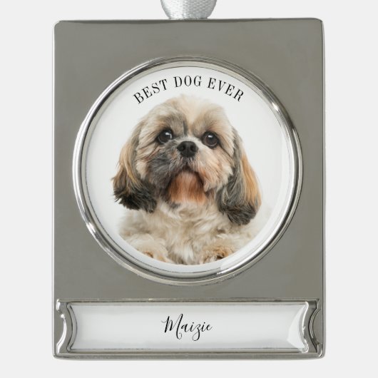 Cute Dog Photo Personalized Pet Holiday Verzilverd Banner Ornament (Voorkant)