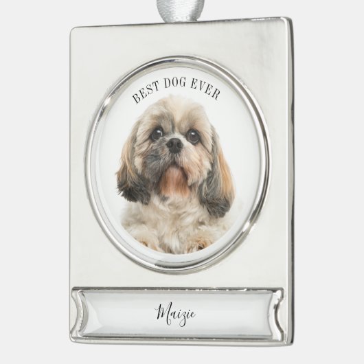 Cute Dog Photo Personalized Pet Holiday Verzilverd Banner Ornament (Links)
